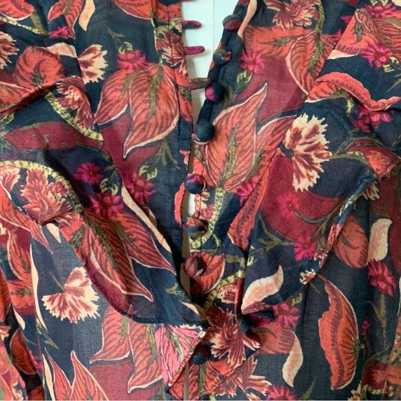 Dôen Assam Maxi Dress Button Up Long Sleeve Tropical Floral Red Pink Black Small - Picture 5 of 13